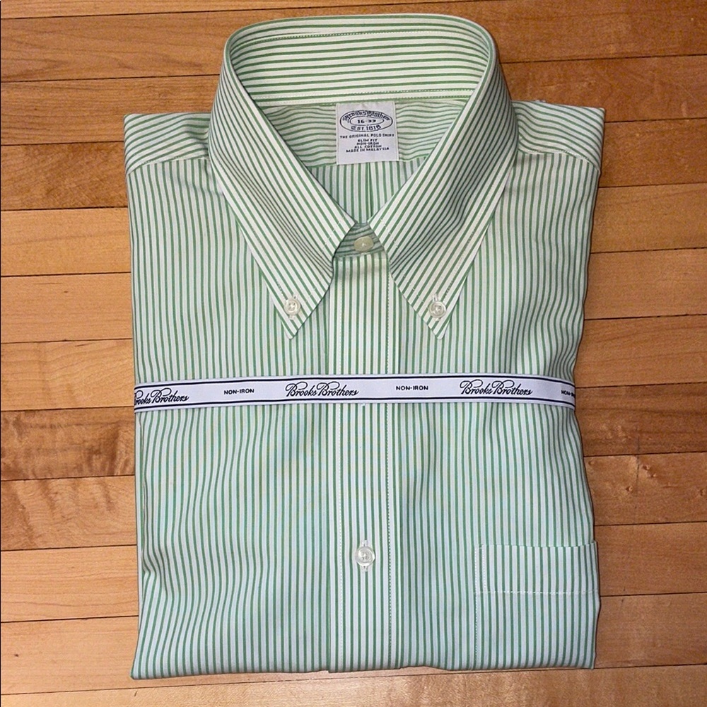 Brooks Brothers Geeen White Striped Dress Shirt NWT 16-33 All Cotton Non-Iron